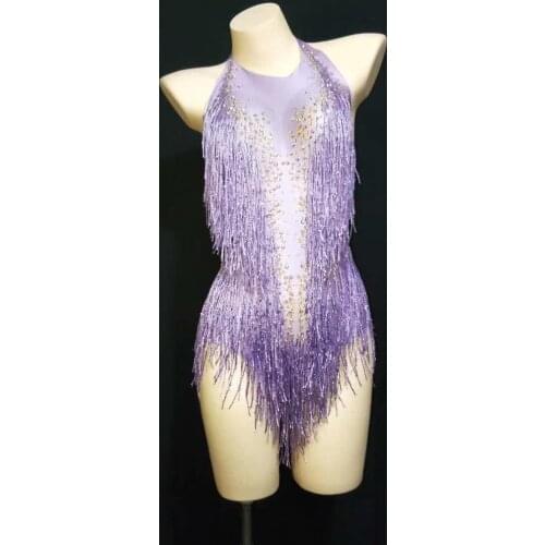 Sparkly Rhinestones Tassel Bodysuit Women Sexy Club Outfit Fringe Dance Costume One-piece Dance Wear Singer Stage Leotard