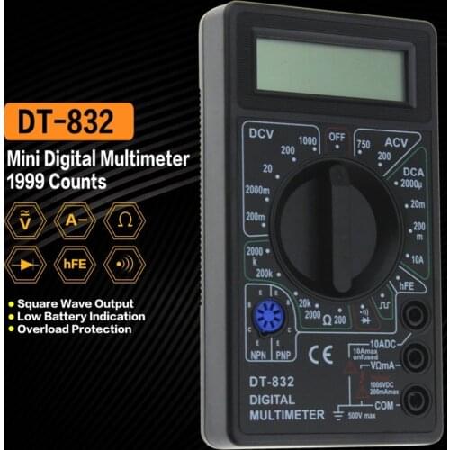 DT-832 Mini Pocket Digital Multimeter 1999 Counts AC/DC Volt Amp Ohm Diode hFE Continuity Tester Ammeter Voltmeter Ohmmeter