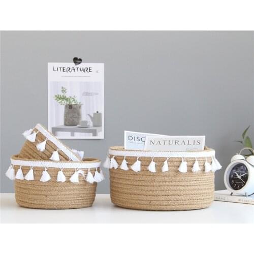 Jute Storage Basket Woven Finishing Baskets Nordic Home Cotton Thread Sundries Tassel Storage Box Container Desktop Organizer