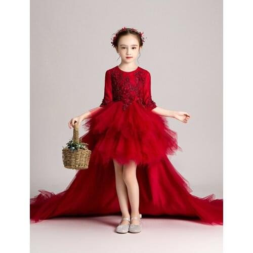 Elegant Girls Princess Dress Long Trailing Children Evening Party Dress Red Appliques Tulle Princess Flower Girls Wedding Gown