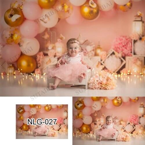 Pink Girl Birthday 1st Birthday Background for Photography Butterfly Balloon Decoration Photographic Studio Photo Backdrop Props
