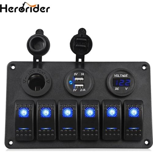 Herorider 6 Gang 24V LED Rocker Switch Panel Circuit Breaker Charger Dual USB Socket Cigaretter Plug Voltmeter Car Auto Charger