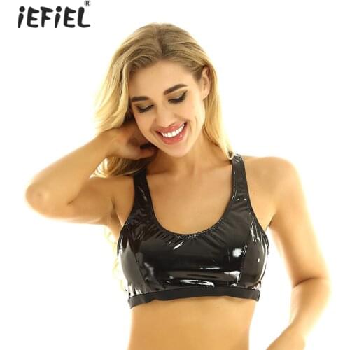 Iefiel Womens Exotic Lingerie Wet Look Latex Bra Crop Top Rave Outfit Clubwear Deep U-neck Sleeveless Racer Back Cropped Bra Top