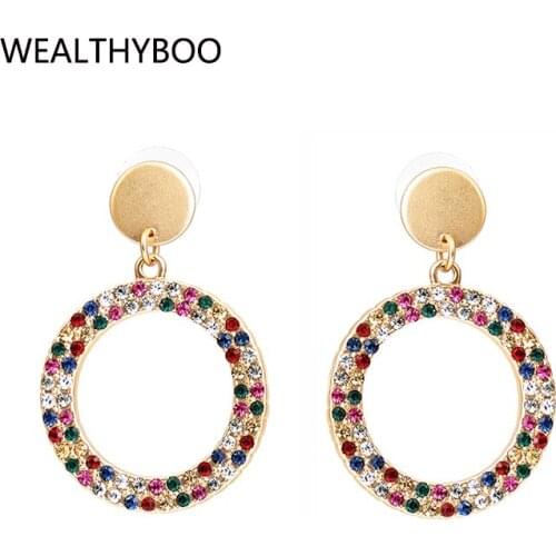 Colorful Rhinestone Round Circle Statement Stud Earrings Chic Metal Geo Pendant Earrings Women Jewelry Accessories
