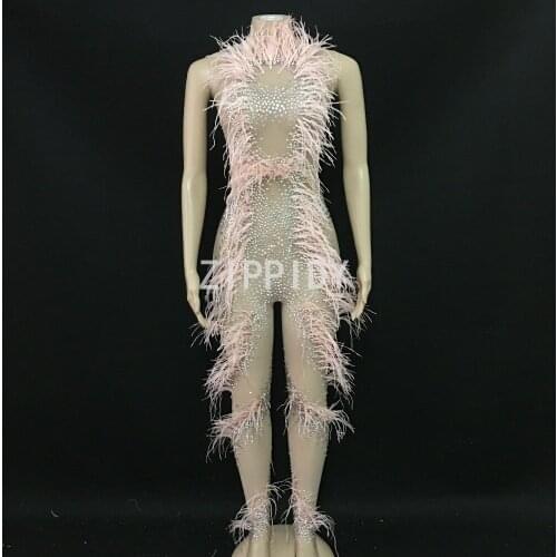Fashion sexy Multicolor Rhinestones Feather Mesh See Through Jumpsuit Birthday Celebrate Outfit Women Singer Dancer Outfit