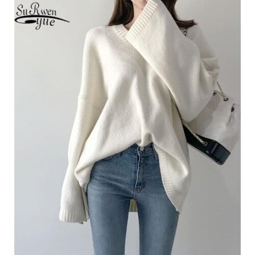 2021 Winter New Solid Long Knitted Sweater Pullover Loose Long Sleeve Sweater Women Chic V-neck Plus Size Womens Knitwear 11031