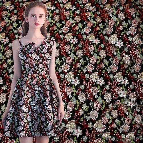 HLQON new arrival gold line yarn dyed brocade jacquard red flower fabric for dress women clothing tissue patchwork 145cm width