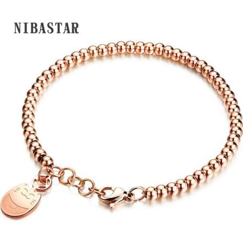 New Jewelry 316L Stainless Steel Beads Luck Cat Charm Bracelets Bangles For Women