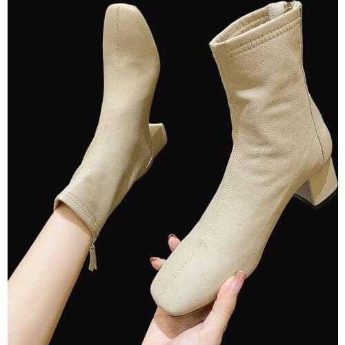 Solid Black Ankle Boots Autumn Square Mid Heels Female Round Toe PU Leather Boots Ladies Casual Slip on Women Shoes Woman Boots