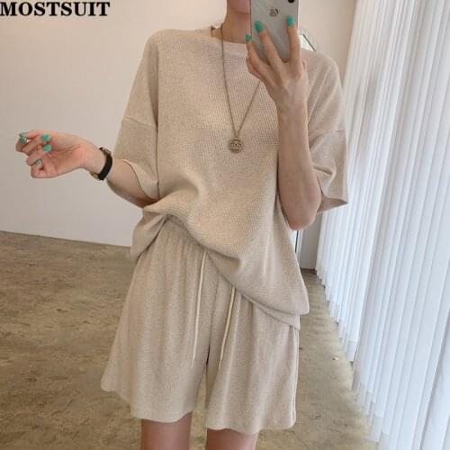 Solid Loose Knitted Two Piece Shorts Set Women Short Sleeve Tops + Elastic Waist Shorts Suits Casual Fashion Female Shorts Set