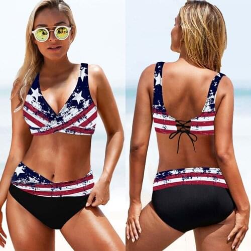 Sexy Split Two Pieces Swim Suit Bathing Suit Top Ruffled Printed National Flag High Waisted Bottom Beach Bikini Set 2021 Summer