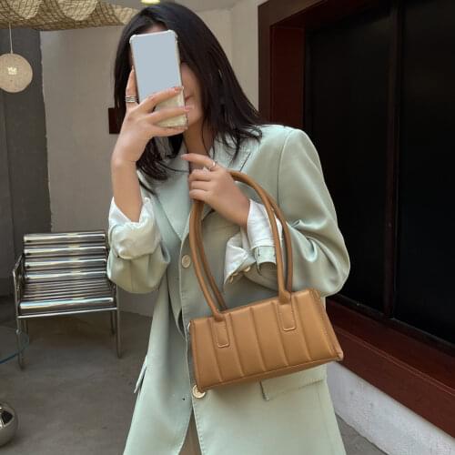Womens Bag Casual Pure Color Chain Handbag Purse Vintage Women PU Leather Shoulder Underarm Bag Ladies Stripes Embossing Purse