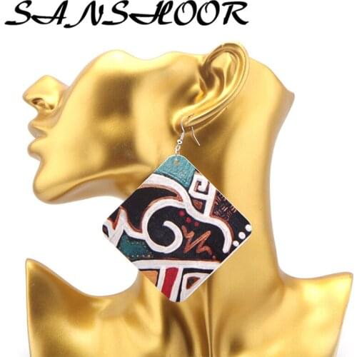 SANSHOOR Bohemia Square Large Wooden Earrings African Ethnic Jewelry With Hooks Afrocentric Accessories For Women 6Pairs