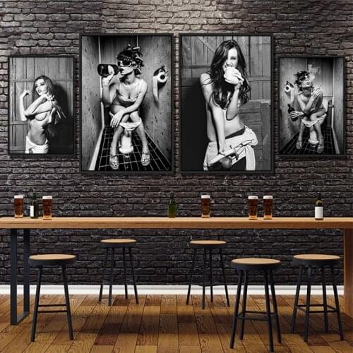 Sexy Girl Sits in a Toilet Canvas Art Posters And Prints Black And White Canvas Painting On the Wall Art Picture Decor cuadros