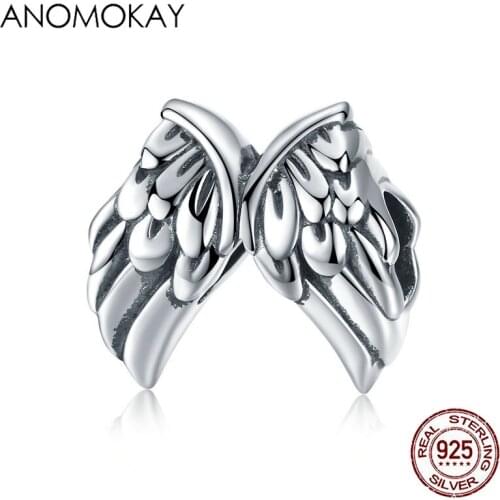 Anomokay Real 925 Sterling Silver Shinny Angel Wings Feathers Beads fit Bracelets Bangles S925 Silver Wing Charm for DIY Jewelry