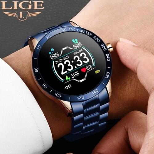 LIGE Steel Band Smart Watch Men Heart Rate Blood Pressure Monitor Sport Multifunction Mode Fitness Tracker Waterproof Smartwatch