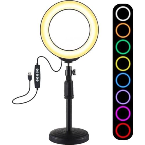 PULUZ 6.2 inch 16cm USB 10 Modes 8 Colors RGBW Dimmable LED Ring Vlogging Photography Video Lights + Round Base Desktop Mount