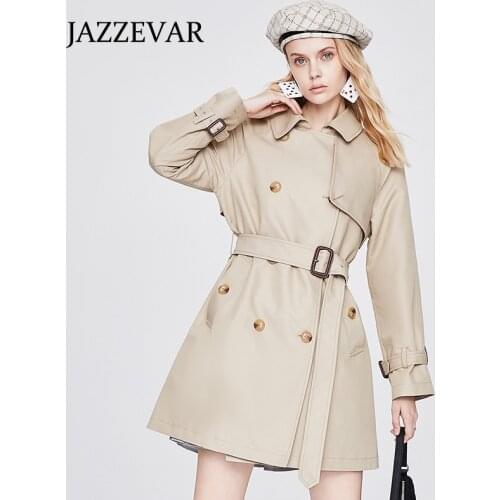 JAZZEVAR Khaki mid-length windbreaker womens autumn 2021 new double-breasted casual waist windbreaker jacket women