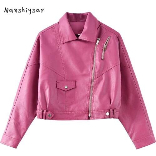Rose Red Faux PU Leather Short Jacket Women 2021 Autumn New Korean Loose Long-sleeve Jacket Vintage Motorcycle Streetwear Jacket