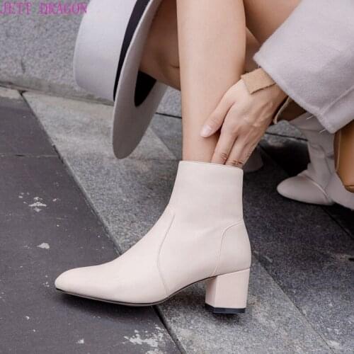 2021 Autumn Women Boots Faux Leather High Heel Ankle Boots Fashion Square Toe Zipper Winter Boots Black White