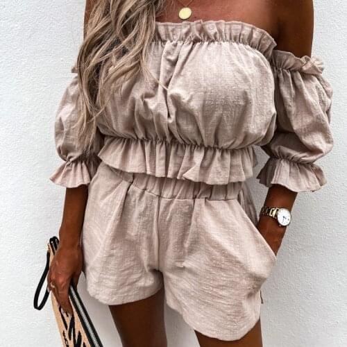 Summer Sportswear Women Tracksuit Suits Two-piece Suit One-word Collar Lantern Sleeves Off-the-shoulder Top Shorts Casual Suits