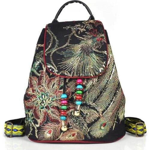 Ladies Backpack Vintage Flowers Embroidered Canvas Buckle Zipper Backpack Shoulder Bag 2020 New Fashion