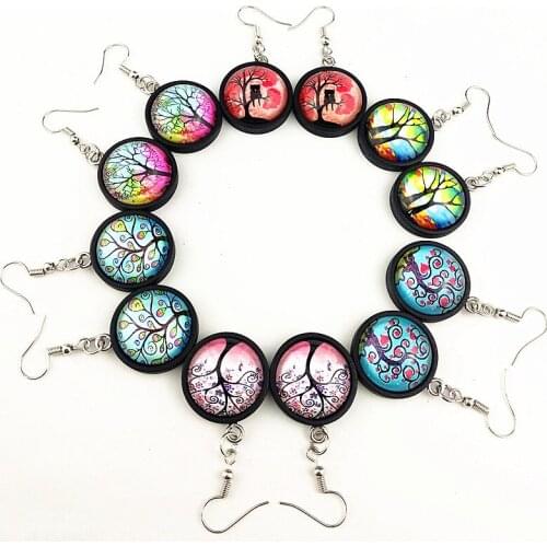 Jiangzimei 24pairs New design Life Tree Retro black wood Glass earrings;French ear hook ear pendants; dangler for girls women