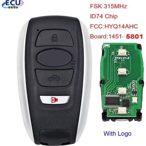 3+1 Button FSK 315MHz Smart Keyless Smart Remote Key ID74 CHIP For Subaru FCCID: HYQ14AHC Board: 1451-5801 TOY12 Blade
