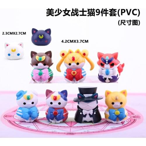 9pcs/set Japanese Anime Cartoon Sailor Moon Cat Action Figure Toys Mercury Mars Jupiter Venus Figurines Kids Gift
