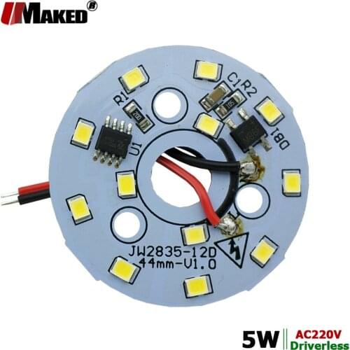 AC220V 5W 44mm LED Module Light PCB Aluminum plate Tinned 20cm Cables 3 Color SMD2835 Smart IC Driver Downlight Ceiling Lamp DIY