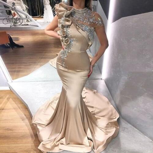 Arabic Evening Dresses High Neck Champagne Beaded with Rhinestones Mermaid Prom Dresses Cap Sleeves Dubai Party Gowns 2021