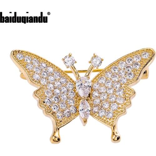 Baiduqiandu Cubic Zircon Butterfly Brooches Pins For Women Girls Gold/Silver Plated 2-color Inset Animal Office Collar Pins