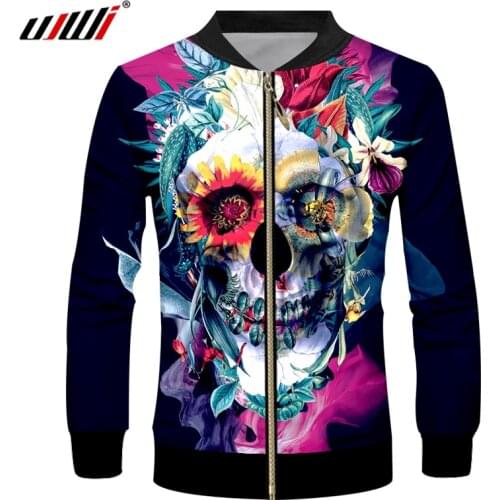 UJWI Creative 3d Colorful Leaf Flower Skulls All Over Print Baseball Jackets Man Zip Dropship Wholesale Coats Unisex Custom 6XL