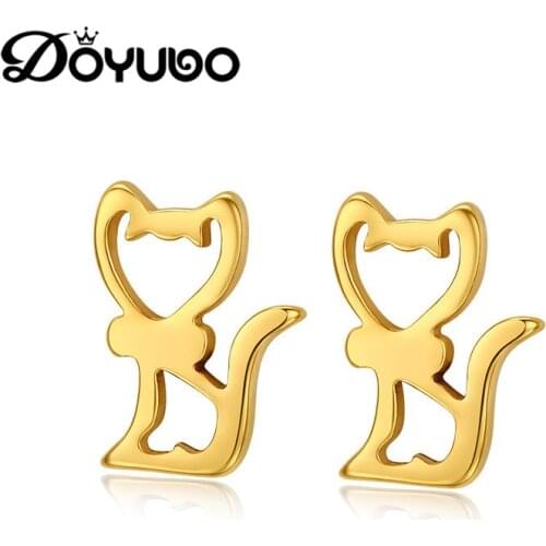 DOYUBO Cute Design Gold Color Cat Shape Stud Earrings For Girl 316L Stainless Steel Fashion Animal Earrings Fine Jewelry DB035