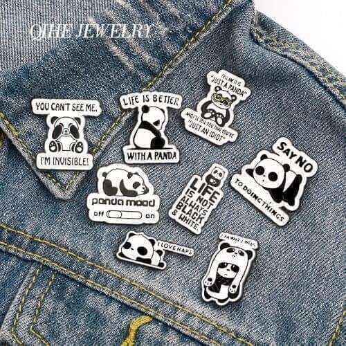 QIHE JEWELRY Panda Enamel Pins Fun Quotes Brooches Black and White Badges Animal Lapel Pin Lazy Bear Forest Wild Animal Jewelry