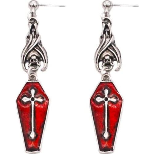 Gothic Halloween Bat Red Oil Drip Coffin Drop Earrings Cross Long Dangle Earrings For Women Girls Party Jewelry Brincos
