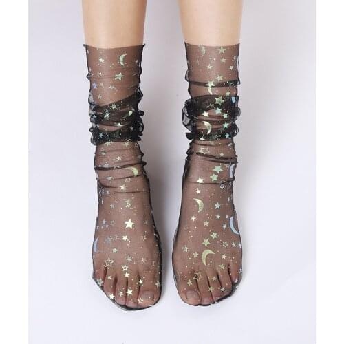 Summer Thin Women Socks Long Glitter Star Moon Tulle Socks Female Transparent Chiffon Lace Up Socks Dress Calcetines