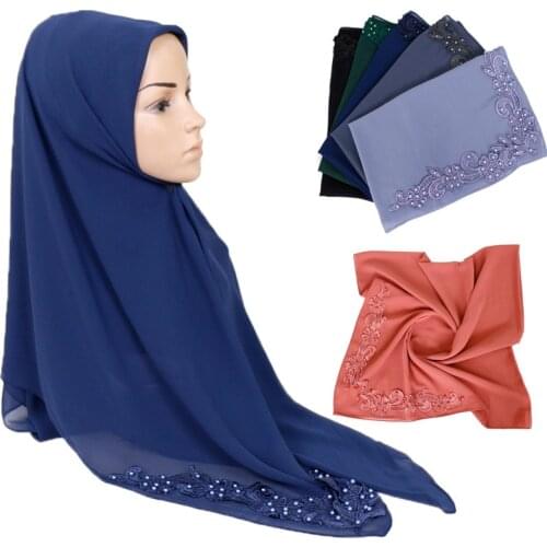 Muslim Woman Embroidery Headscarf Pearl Chiffon Shawl and Wrap Hijab Square Scarf foulard femme musulman islam clothing Turban