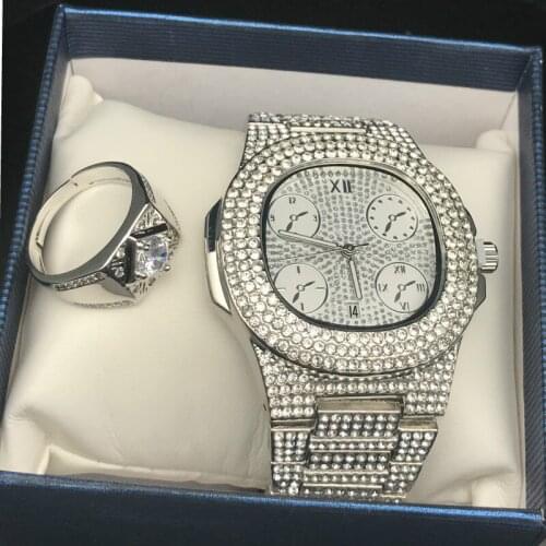 Men Luxury Hip Hop Ice out Cuban Watch & Ring Combo Set Adjustable ring Rock Rapper Men Jewelry Street dance Gift For Men