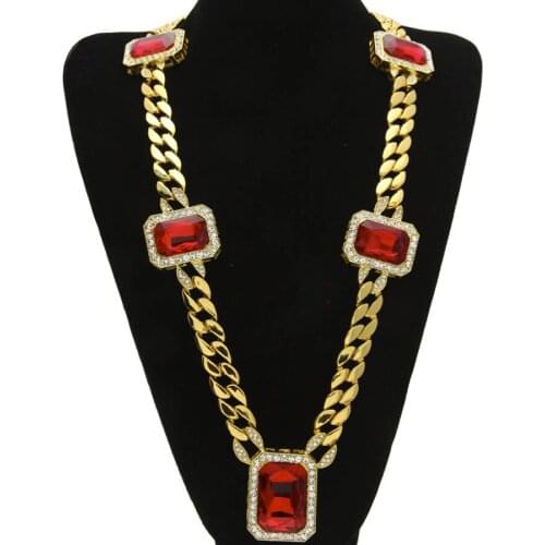 Hip hop Bling Iced Out Fully Diamante Crystal Necklaces Hip Hop Cool Jewelry Men Red Big Stone Miami Cuban Link Chain Necklace