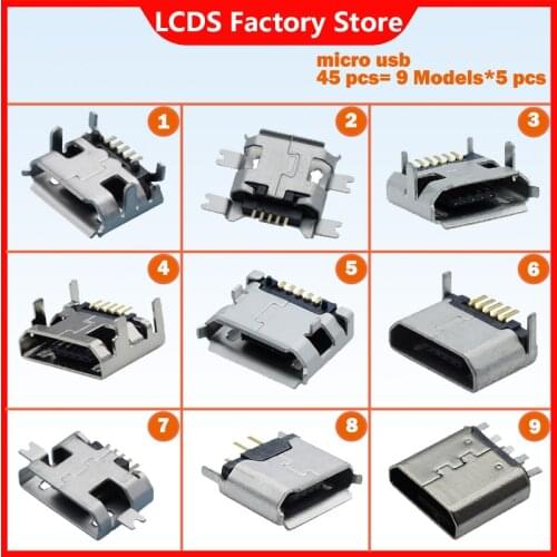 45 Pcs/set Micro USB Connector 9 Models Socket Jack USB Connectors Set For Lenovo Huawei Samsung Xiaomi SMD DIP Socket Set Kit