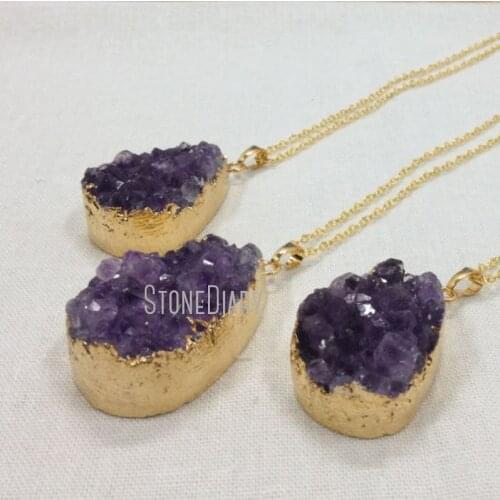 H-QN67 Amethys Cluster Druzy Teardrop Pendant Necklace Gold Color