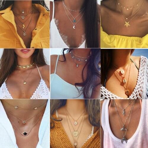 Bohemian Fashion Moon Star Stone Pendant Necklaces for Women Jewelry Multi-layer Choker Necklace Collares Mujer Collier Femme