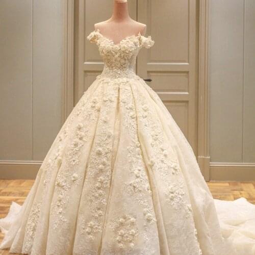Flower Wedding Dress With 1.3m Train Elegant V-neck Classic Lace Ball Gown Princes Robe De Mariee Vestido Noiva
