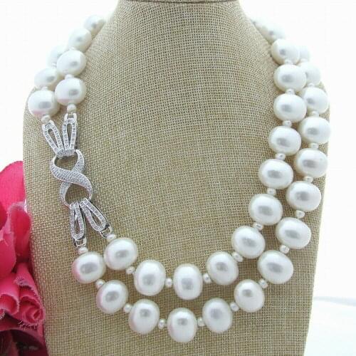 Hand knotted 2strands 7mm white freshwater pearl and 12 16mm shell pearl necklace sweater chain long 50-55cm fashion jewelry