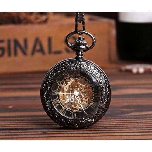 Fully automatic Mechanical pocket watch men Black Roman numeral magnifying glass and FOB chain pocket watches