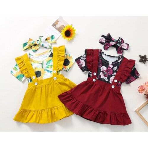 Pudcoco 0-18M 3Pcs Baby Girls Infant Kids Toddler Floral Print Short Sleeve Bodysuit Tops+Overall Suspender Skirt+Headwear Sets