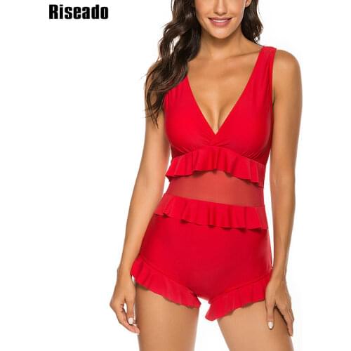 Riseado Sexy Plunging One Piece Swimsuit Black 2021 Ruffle Swimwear Women Mesh Boyshort Bathing Suit Women Cross U-back XXL