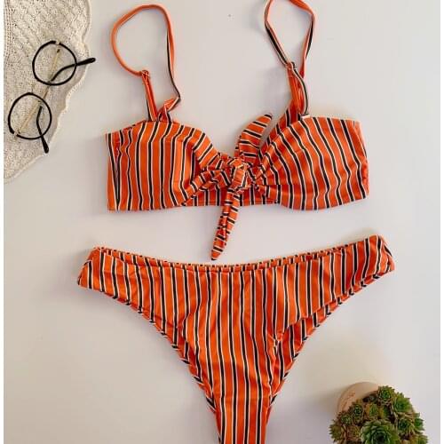 Sexy Swimsuit Bikini Stripe Print High Waist Split Sleeveless V Neck Summer Swimwear Casual Fashion Brazilian Bikini Feminino