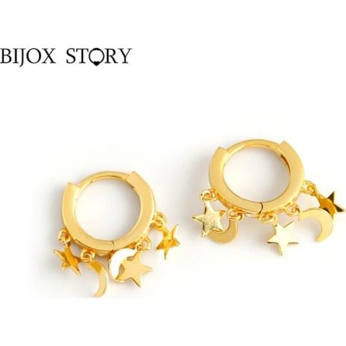 BIJOX STORY Star Moon Earrings For Women Real 925 Sterling Silver Geometric Unusual Earrings Anniversary Engagement Jewelry